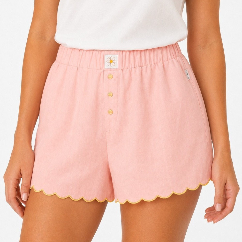 Rae Dunn Coral Scalloped Hem Embroidered Button Pajama Shorts Size Med